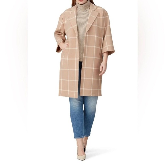 Toccin Nude & White Windowpane 3/4 Sleeve Fully Lined Mid Length Topper Coat  L - Picture 2 of 9